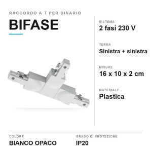 Raccordo a tre vie per binario bifase bianco con doppia terra a sinistra