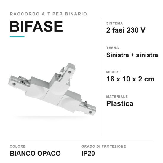 Raccordo a tre vie per binario bifase bianco con doppia terra a sinistra
