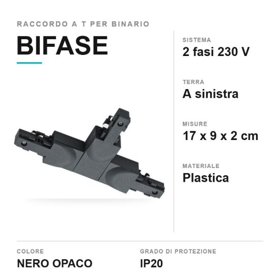 Raccordo a tre vie per binario bifase nero con terra a sinistra