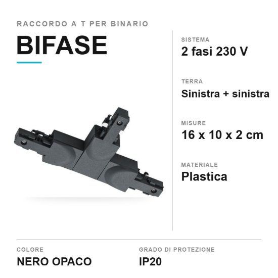 Raccordo a tre vie per binario bifase nero con doppia terra a sinistra