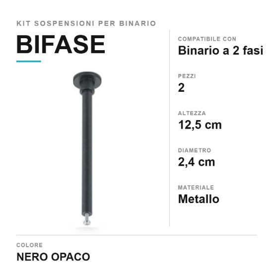 Kit 2 sospensioni a soffitto per binario bifase 12,5cm nero