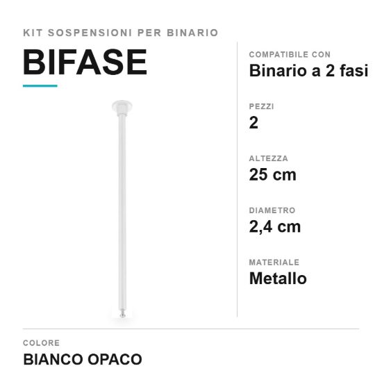 Kit 2 sospensioni lunghe a soffitto per binario bifase 25cm bianco