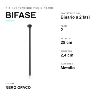 Kit 2 sospensioni lunghe a soffitto per binario bifase 25cm nero
