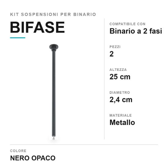 Kit 2 sospensioni lunghe a soffitto per binario bifase 25cm nero
