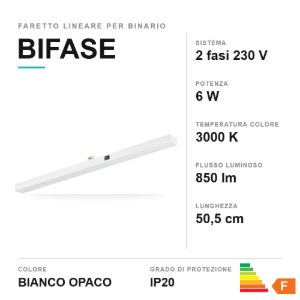 Faretto lineare per binario bifase led 6w 3000k bianco