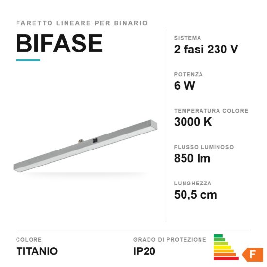 Faretto lineare per binario bifase led 6w 3000k titanio