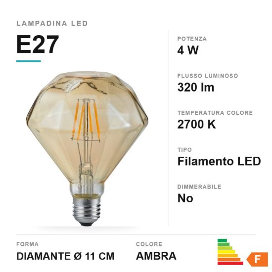 Lampadina led e27 a diamante a filamento 4w 2700k ambra