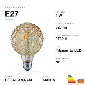 Lampadina led e27 a sfera puntinata a filamento 4w 2700k ambra