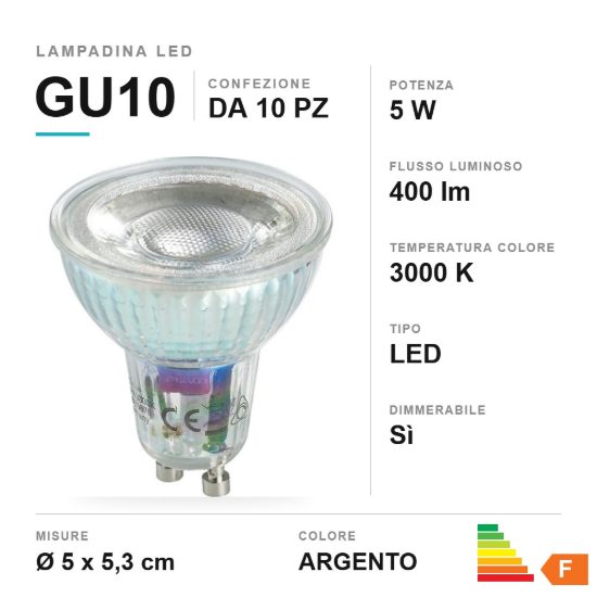 Lampadina led gu10 5w 3000k argento dimmerabile confezione 10 pezzi