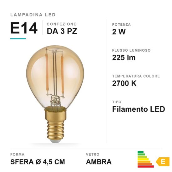 Lampadina led e14 a sfera a filamento 2w 2700k ambra confezione 3 pezzi