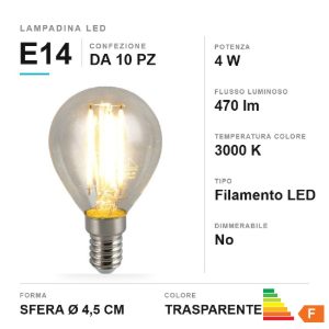 Lampadina led e14 a sfera a filamento 4w 3000k trasparente confezione 10 pezzi