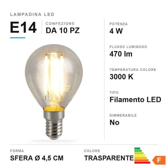 Lampadina led e14 a sfera a filamento 4w 3000k trasparente confezione 10 pezzi
