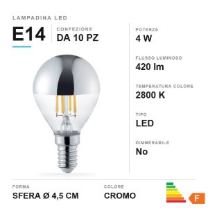 Lampadina led e14 a sfera con mezza cupola cromata 4w 2800k confezione 10 pezzi