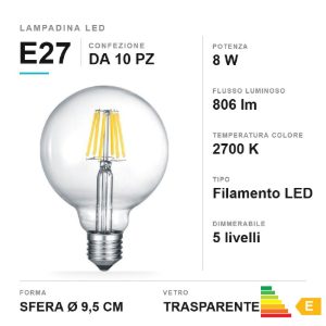 Lampadina led e27 a sfera 9,5cm a filamento 8w 2700k trasparente dimmerabile confezione 10 pezzi
