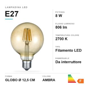 Lampadina led e27 a globo a filamento 8w 2700k ambra dimmerabile con interruttore