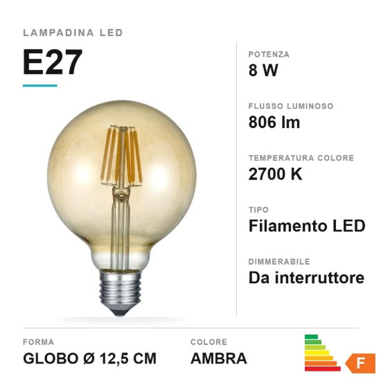 Lampadina led e27 a globo a filamento 8w 2700k ambra dimmerabile con interruttore