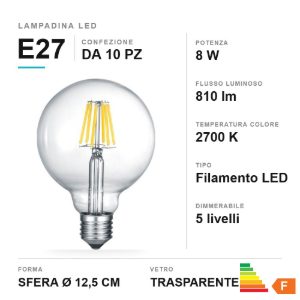 Lampadina led e27 a sfera 12,5cm a filamento 8w 2700k trasparente dimmerabile confezione 10 pezzi