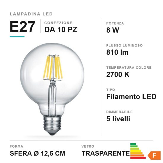 Lampadina led e27 a sfera 12,5cm a filamento 8w 2700k trasparente dimmerabile confezione 10 pezzi