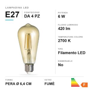 Lampadina led e27 a pera a filamento 6w 2700k fume confezione 4 pezzi
