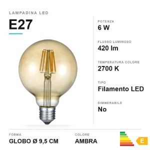 Lampadina led e27 a globo a filamento 6w 2700k ambra