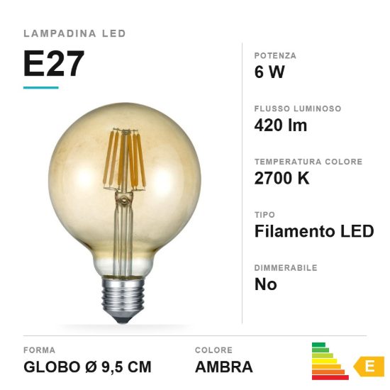 Lampadina led e27 a globo a filamento 6w 2700k ambra