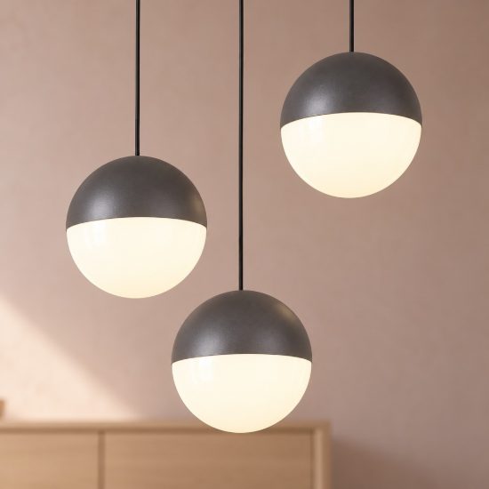 Lampadario a sospensione 3 luci per sala da pranzo led 15w 3000k rotondo antracite con sfere antracite bianche