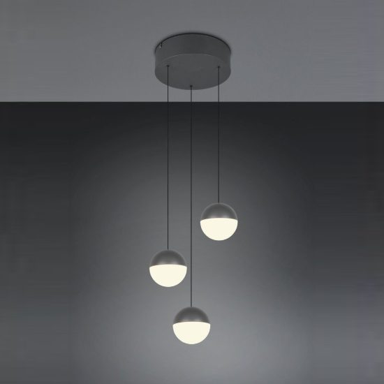 Lampadario a sospensione 3 luci per sala da pranzo led 15w 3000k rotondo antracite con sfere antracite bianche