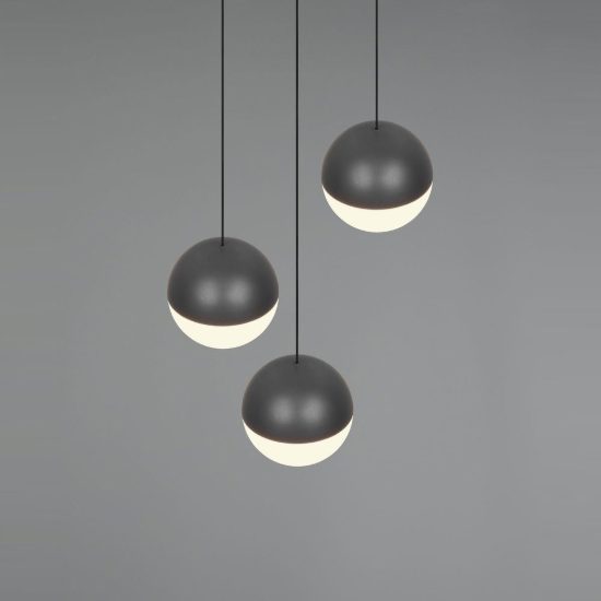 Lampadario a sospensione 3 luci per sala da pranzo led 15w 3000k rotondo antracite con sfere antracite bianche