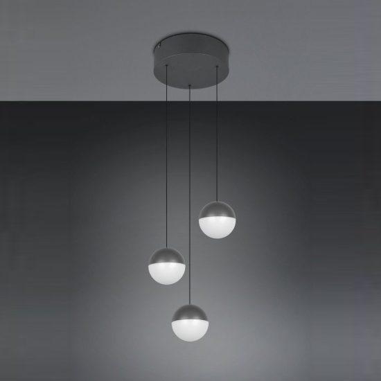 Lampadario a sospensione 3 luci per sala da pranzo led 15w 3000k rotondo antracite con sfere antracite bianche