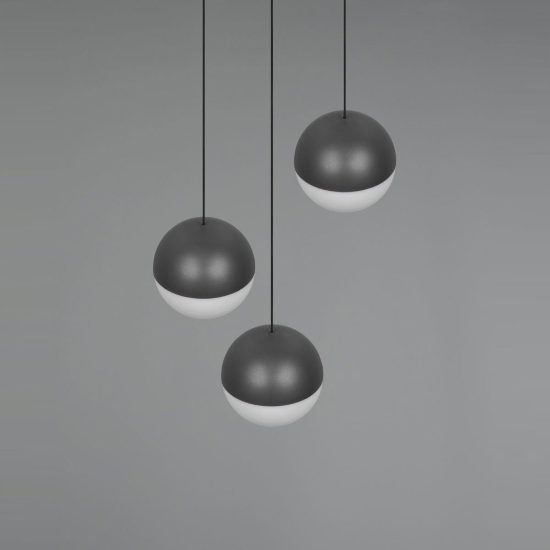 Lampadario a sospensione 3 luci per sala da pranzo led 15w 3000k rotondo antracite con sfere antracite bianche