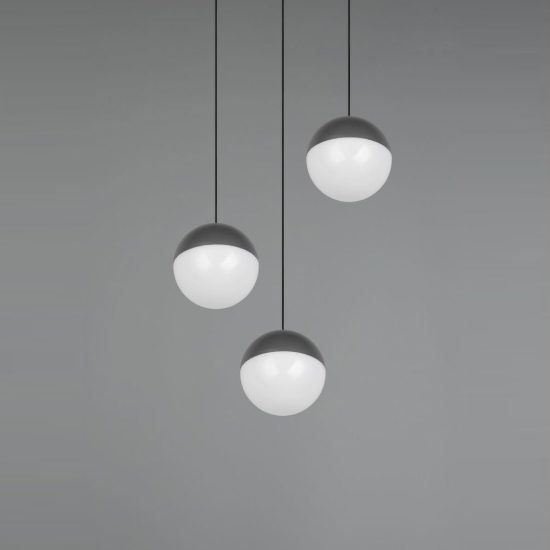 Lampadario a sospensione 3 luci per sala da pranzo led 15w 3000k rotondo antracite con sfere antracite bianche