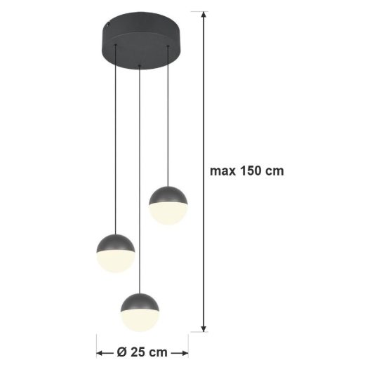 Lampadario a sospensione 3 luci per sala da pranzo led 15w 3000k rotondo antracite con sfere antracite bianche