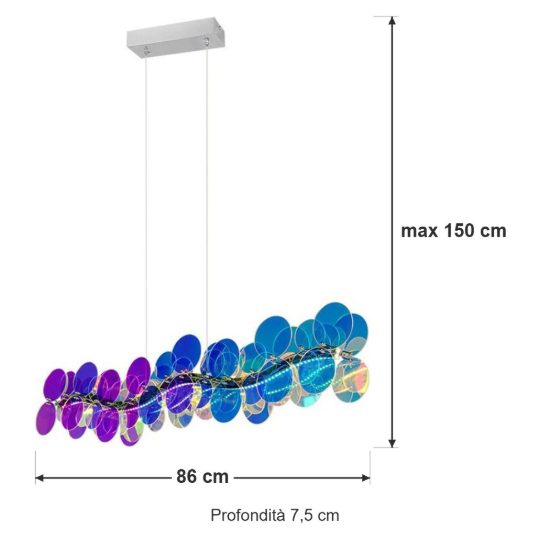 Lampadario a sospensione led 18w 4000k per sala da pranzo lineare cromo con diffusori iridescenti