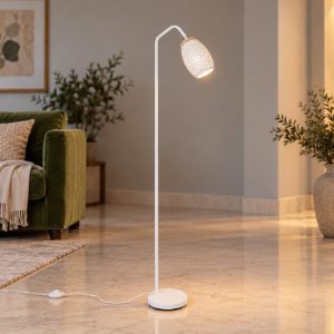 Piantana per soggiorno moderna bianca con effetto legno decoro traforato
