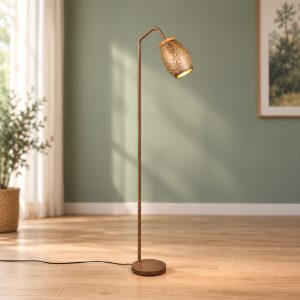 Lampada da terra per soggiorno moderna caffe oro con effetto legno decoro traforato