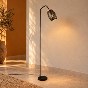 Piantana per soggiorno moderna nera oro con effetto legno decoro traforato