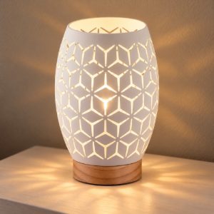 Abat-jour per comodino moderno traforato bianco con inserto in legno