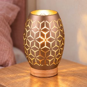 Abat-jour per comodino moderno traforato caffe con inserto in legno