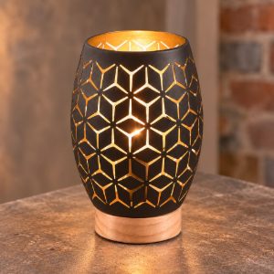 Abat-jour per comodino moderno traforato nero oro con inserto in legno