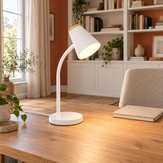 Lampada da scrivania led 4,5w 3000k per ufficio con braccio flessibile bianca