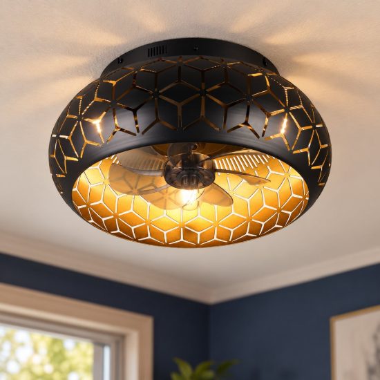 Ventilatore da soffitto con 3 luci telecomando nero oro con decoro traforato