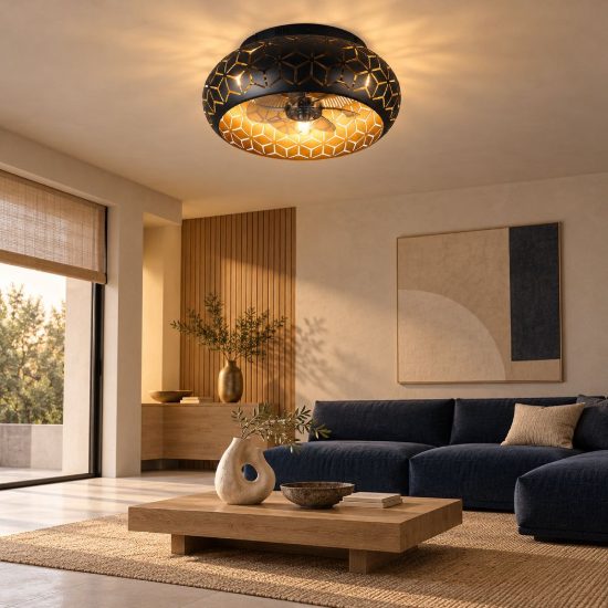 Ventilatore da soffitto con 3 luci telecomando nero oro con decoro traforato