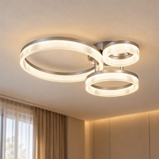 Plafoniera led 32w 4000k per soggiorno moderna cromo a 3 anelli con diffusore 3d trasparente