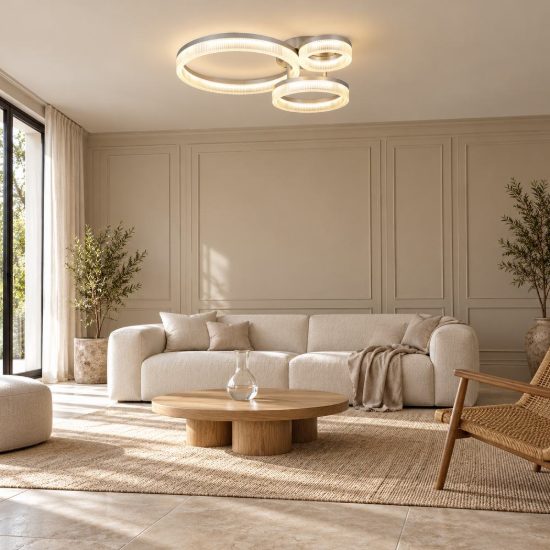Plafoniera led 32w 4000k per soggiorno moderna cromo a 3 anelli con diffusore 3d trasparente