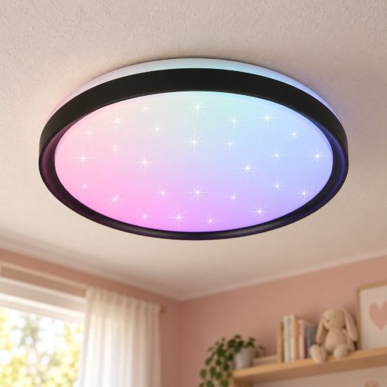 Plafoniera led 14w cct 2700k 6500k rgb con telecomando moderna rotonda nera effetto cielo stellato