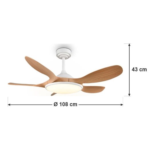 Ventilatore da soffitto led 24w cct 2700k 6500k con telecomando bianco con pale effetto legno