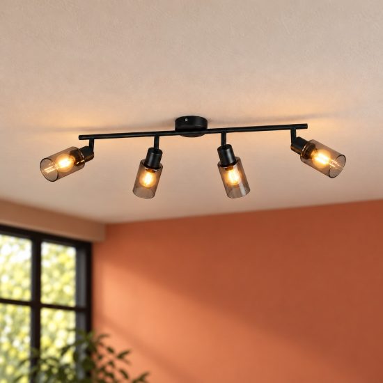Plafoniera con 4 faretti orientabili moderna nera con vetri fume