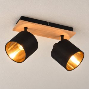 Plafoniera con 2 faretti moderna con base in legno paralumi neri oro