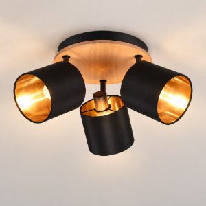Plafoniera con 3 faretti moderna con base in legno paralumi neri oro