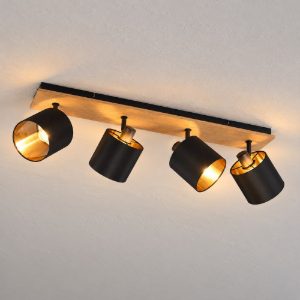 Plafoniera con 4 faretti moderna con base in legno paralumi neri oro
